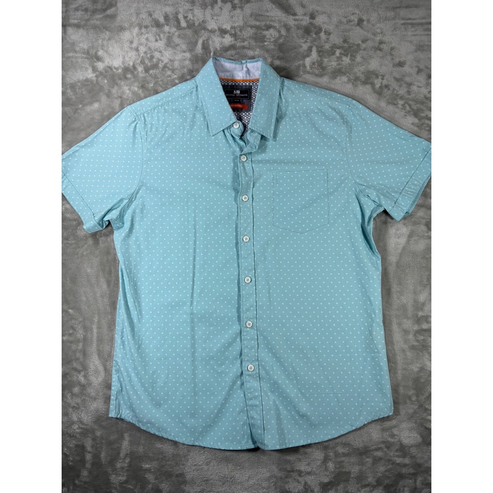 Michael Brandon Mens Aqua Blue Geometric Print Short Sleeve Button Down Shirt M
